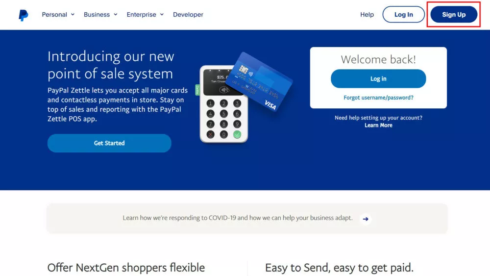 Paypal signup page