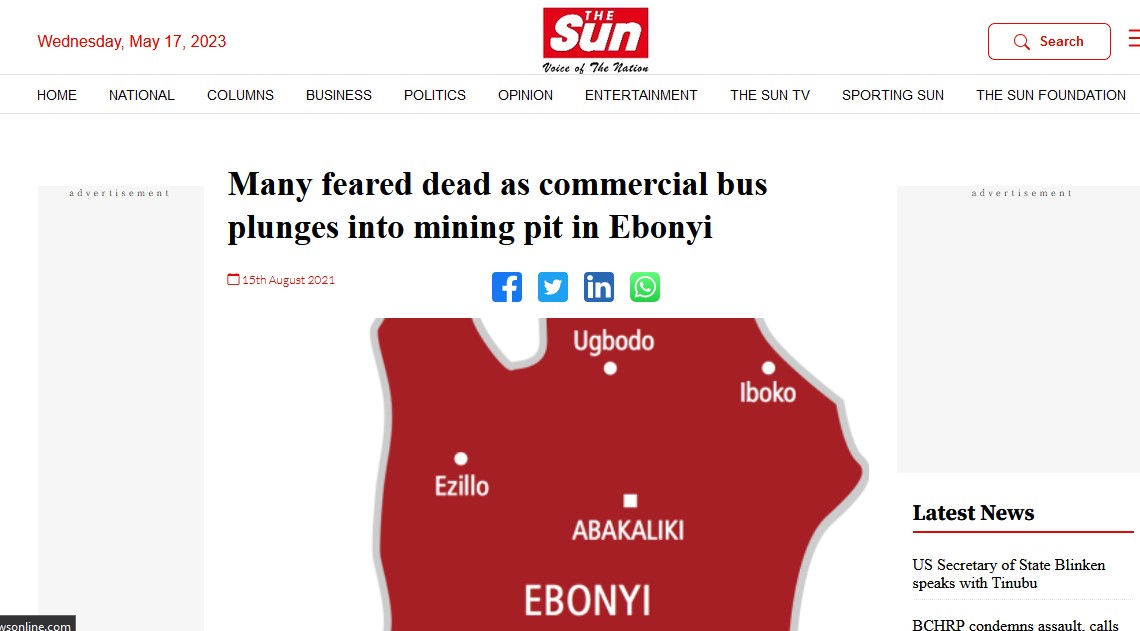 The Sun Newspaper report on Ikwo mining pit